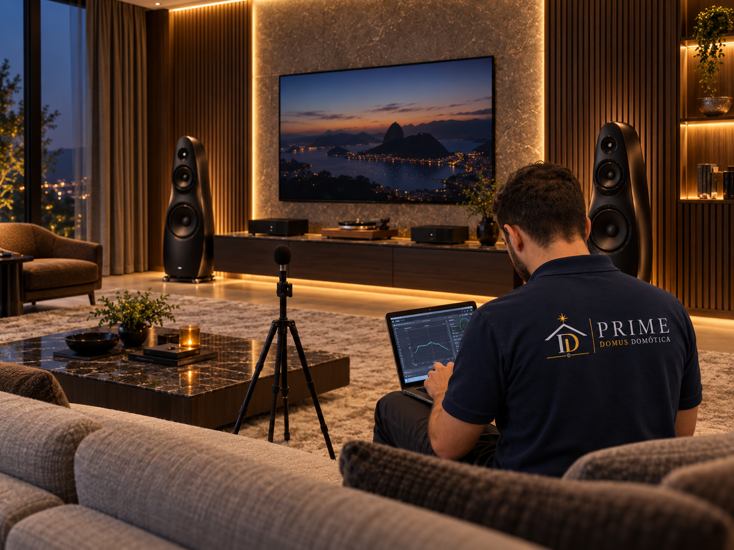 Profissional da Prime Domus realizando a calibração do sistema de áudio e vídeo