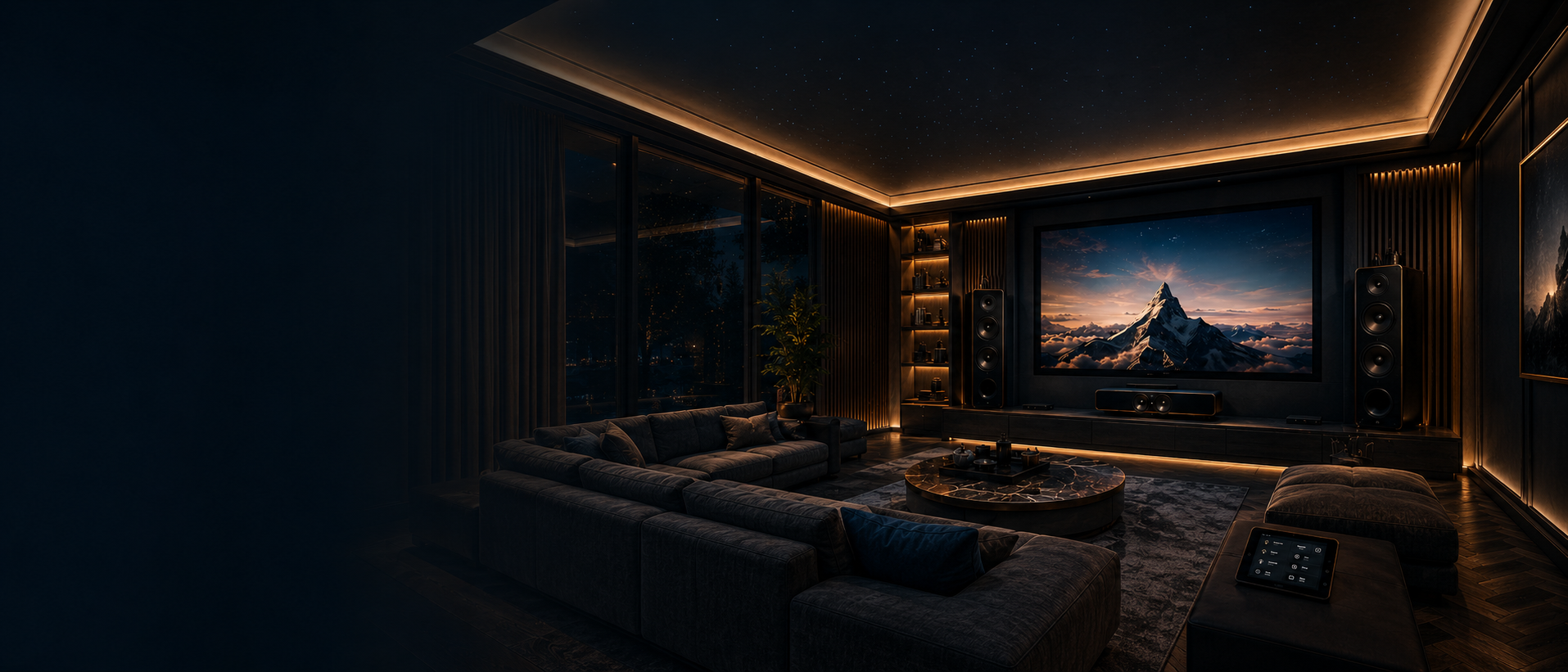 Sala de home theater premium com televisão de grande formato, caixas de som, sofás, mesa de centro e iluminação ambiente