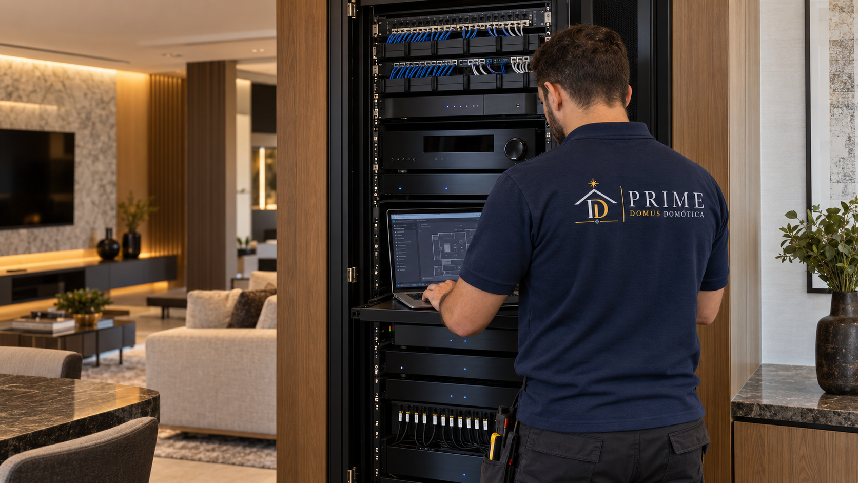 Técnico da Prime Domus Domótica configurando equipamentos em rack de automação residencial