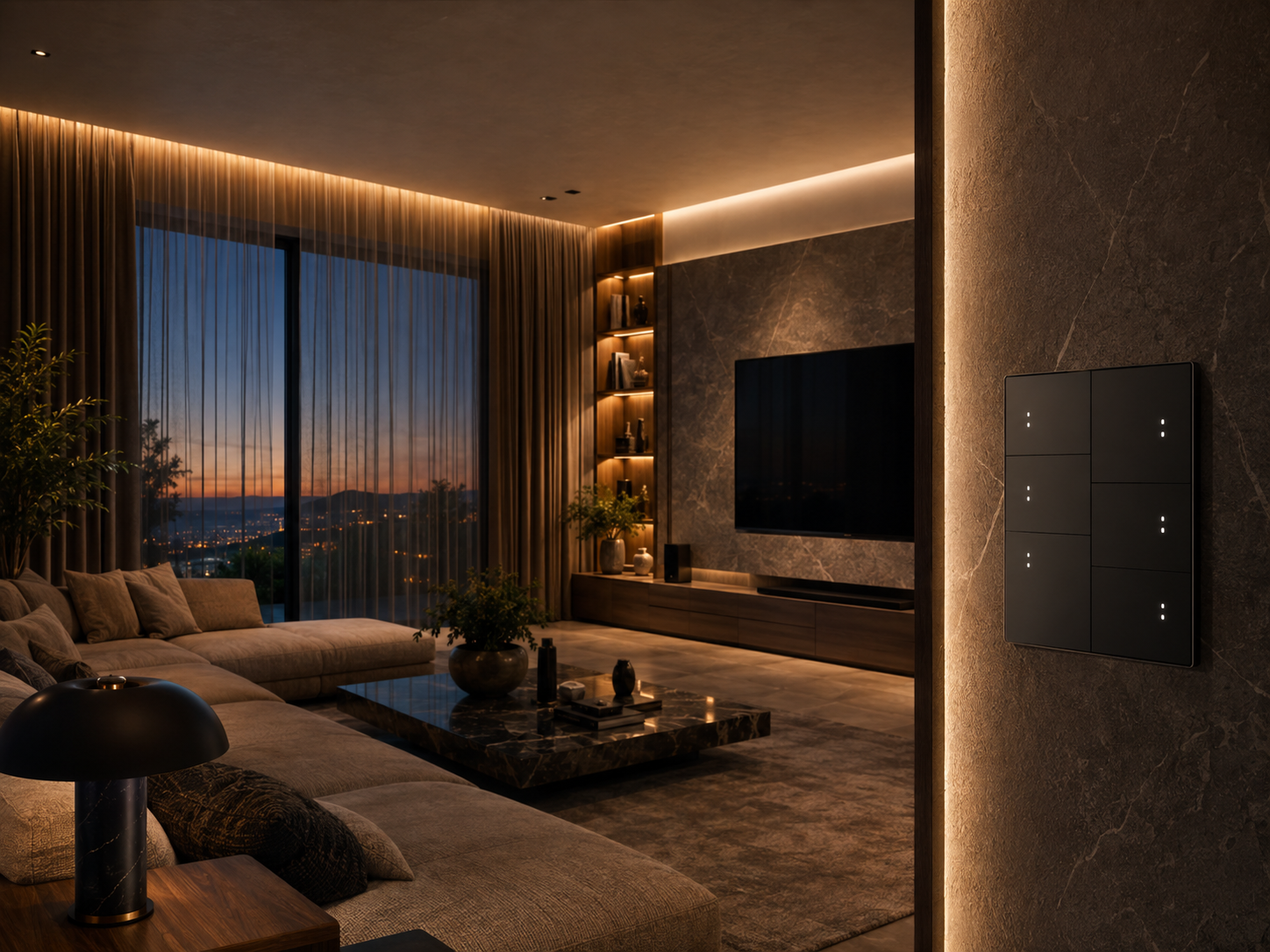 Ambiente residencial integrado com painel de controle de automação na parede