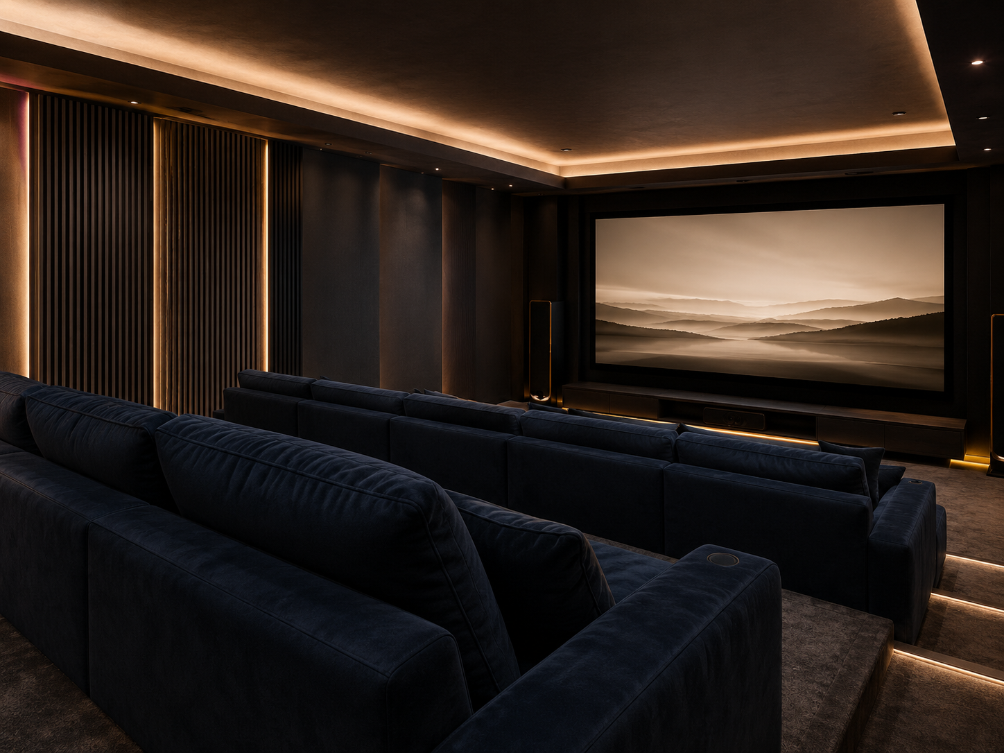 Sala de cinema residencial com tela ampla e poltronas